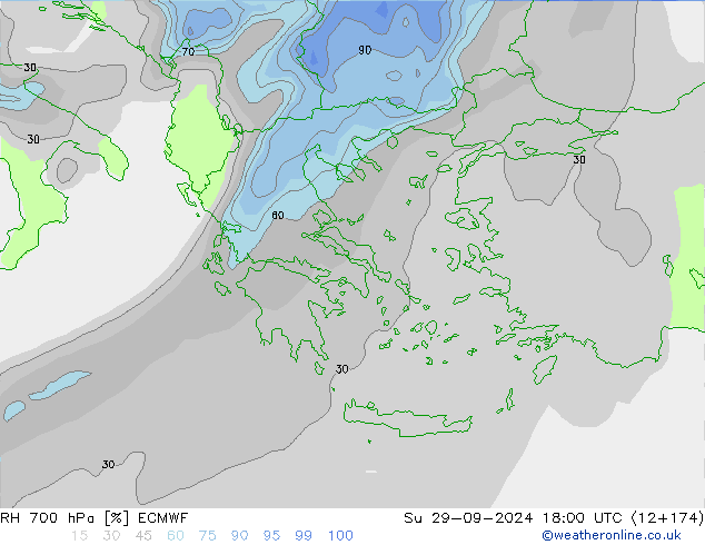 RH 700 hPa ECMWF nie. 29.09.2024 18 UTC