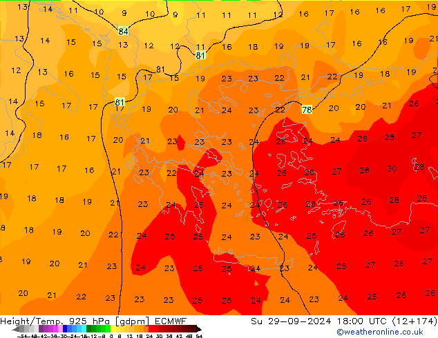 Hoogte/Temp. 925 hPa ECMWF zo 29.09.2024 18 UTC