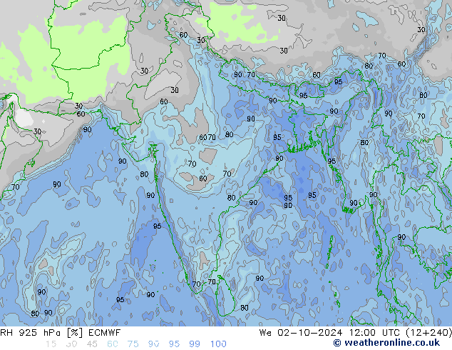 RH 925 hPa ECMWF We 02.10.2024 12 UTC