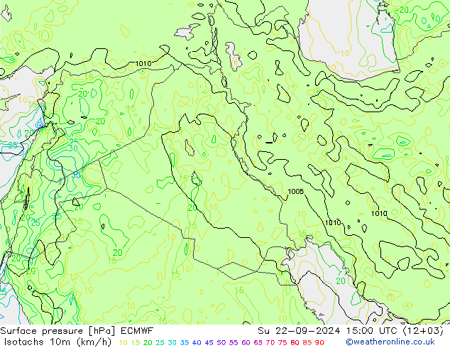 Isotaca (kph) ECMWF dom 22.09.2024 15 UTC