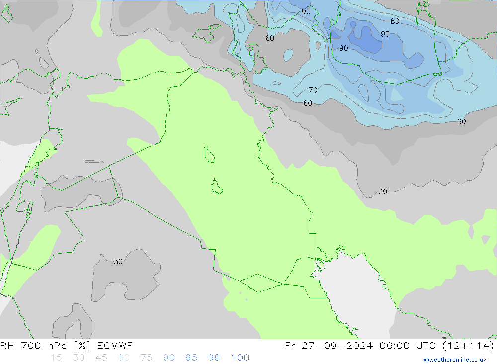 Humedad rel. 700hPa ECMWF vie 27.09.2024 06 UTC