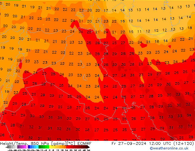 Yükseklik/Sıc. 850 hPa ECMWF Cu 27.09.2024 12 UTC