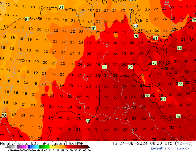 Yükseklik/Sıc. 925 hPa ECMWF Sa 24.09.2024 06 UTC