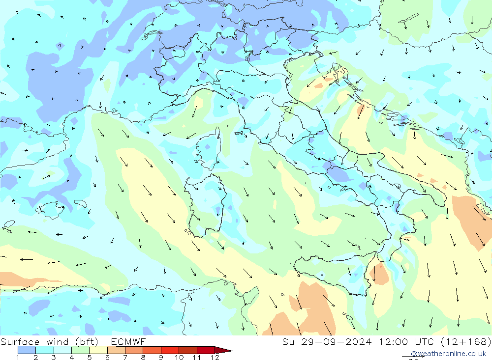 Vento 10 m (bft) ECMWF Dom 29.09.2024 12 UTC