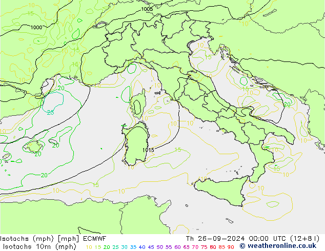 Isotachs (mph) ECMWF Th 26.09.2024 00 UTC