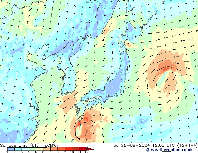 Wind 10 m (bft) ECMWF za 28.09.2024 12 UTC