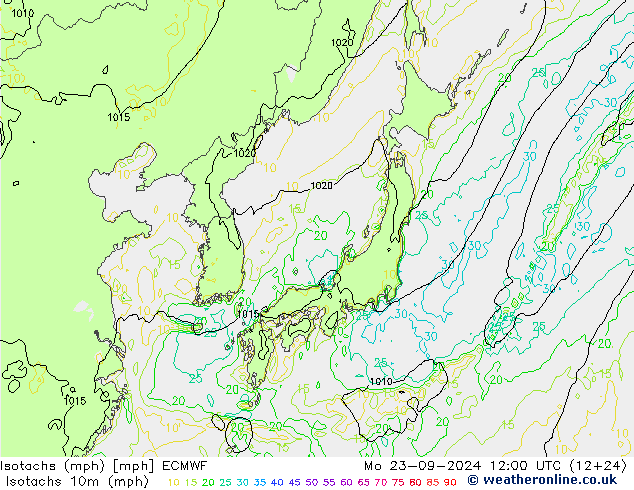 Isotachs (mph) ECMWF Mo 23.09.2024 12 UTC