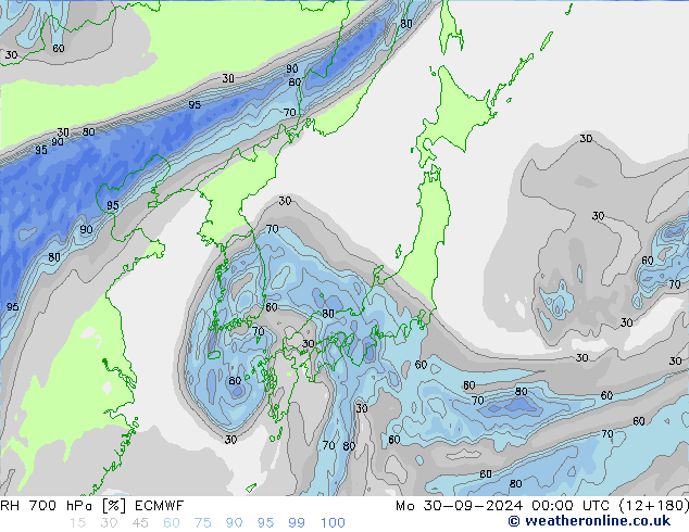 RH 700 hPa ECMWF Mo 30.09.2024 00 UTC