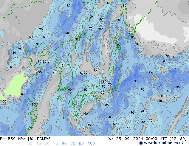 RH 850 hPa ECMWF Mi 25.09.2024 09 UTC