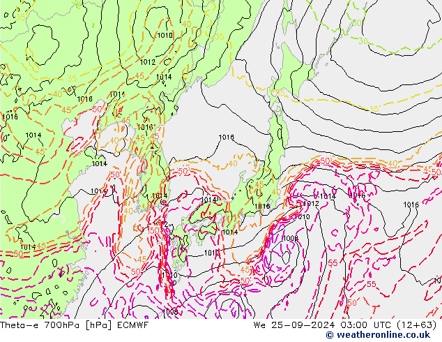 Theta-e 700hPa ECMWF mer 25.09.2024 03 UTC