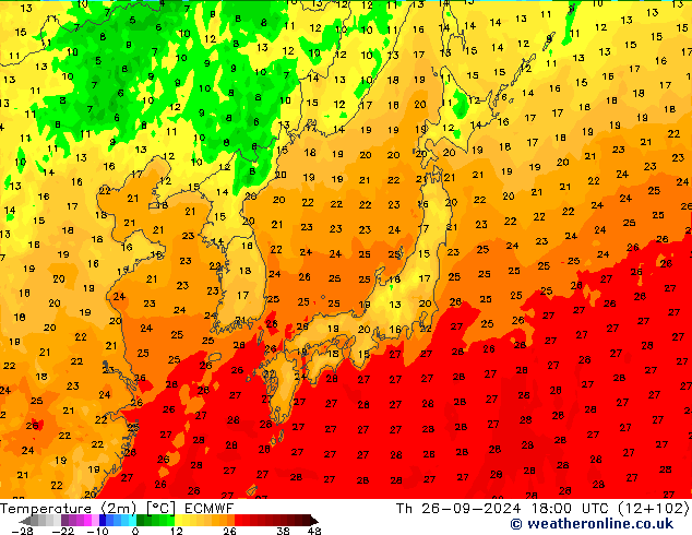 mapa temperatury (2m) ECMWF czw. 26.09.2024 18 UTC