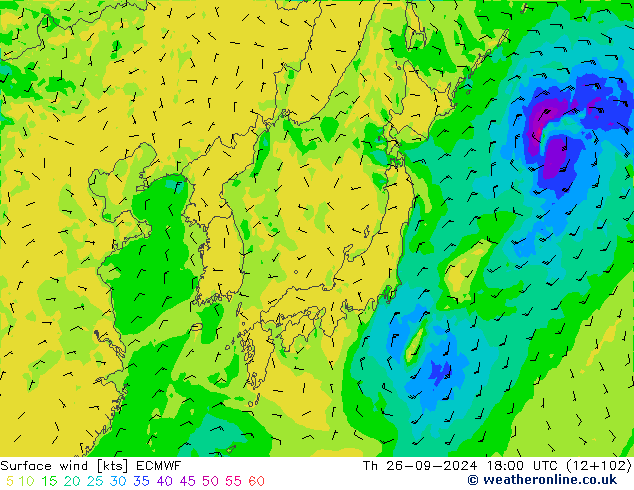 Surface wind ECMWF Čt 26.09.2024 18 UTC