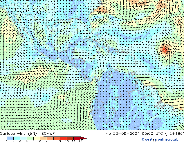 Vento 10 m (bft) ECMWF lun 30.09.2024 00 UTC