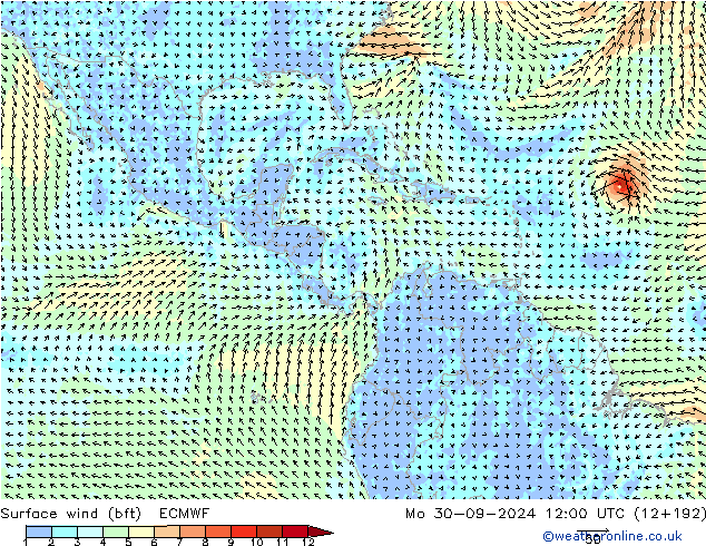 Surface wind (bft) ECMWF Mo 30.09.2024 12 UTC