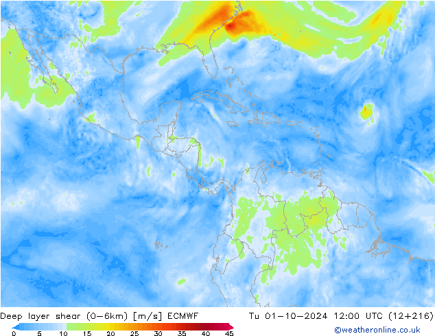 Deep layer shear (0-6km) ECMWF Tu 01.10.2024 12 UTC