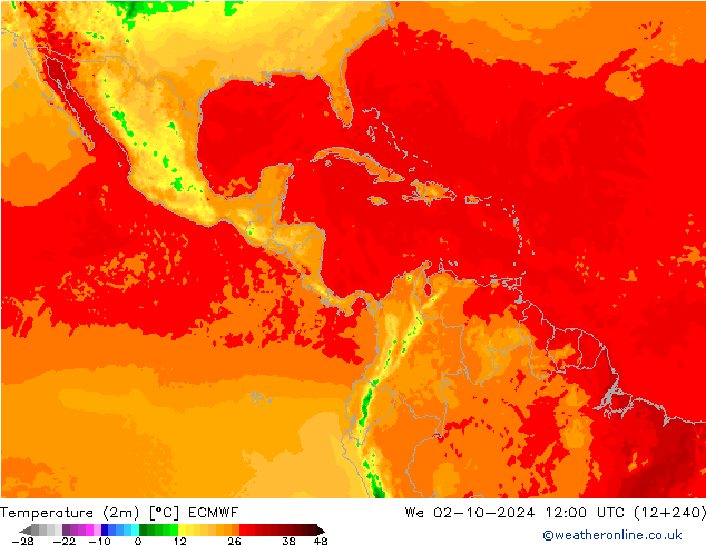 Temperatuurkaart (2m) ECMWF wo 02.10.2024 12 UTC