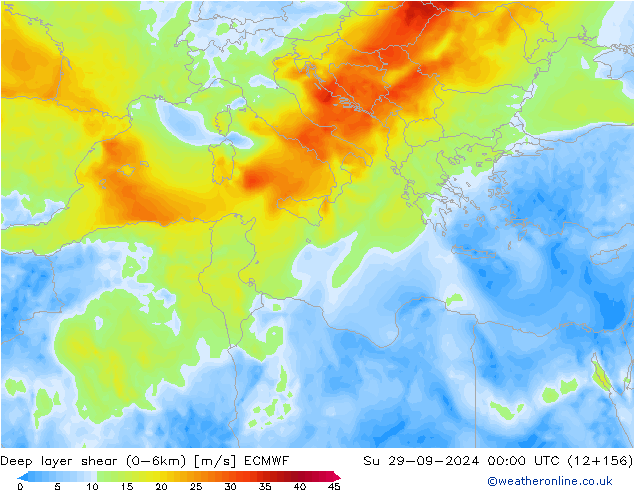 Deep layer shear (0-6km) ECMWF Paz 29.09.2024 00 UTC