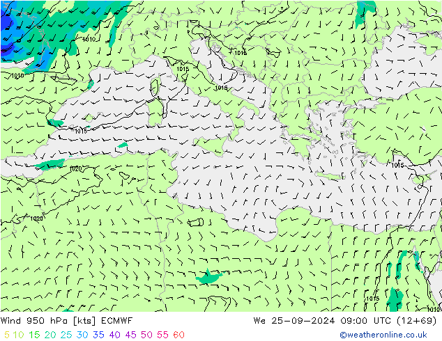 wiatr 950 hPa ECMWF śro. 25.09.2024 09 UTC