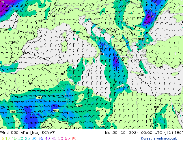 Rüzgar 950 hPa ECMWF Pzt 30.09.2024 00 UTC