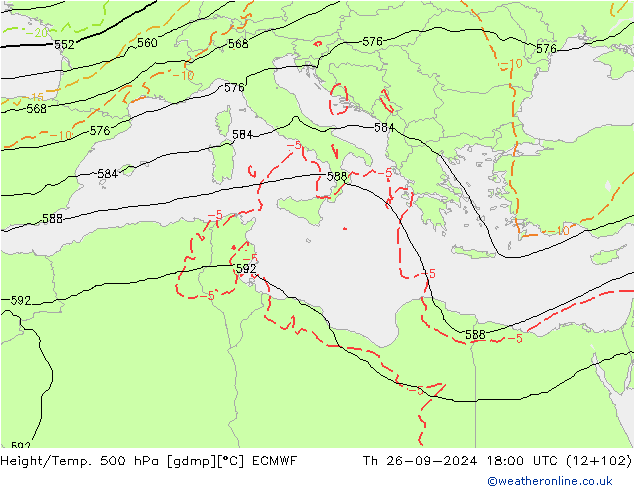 Z500/Rain (+SLP)/Z850 ECMWF Čt 26.09.2024 18 UTC