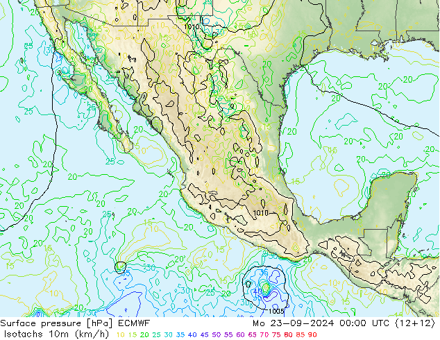 Isotachs (kph) ECMWF Mo 23.09.2024 00 UTC