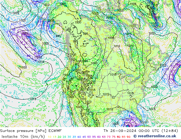 Isotachs (kph) ECMWF Th 26.09.2024 00 UTC