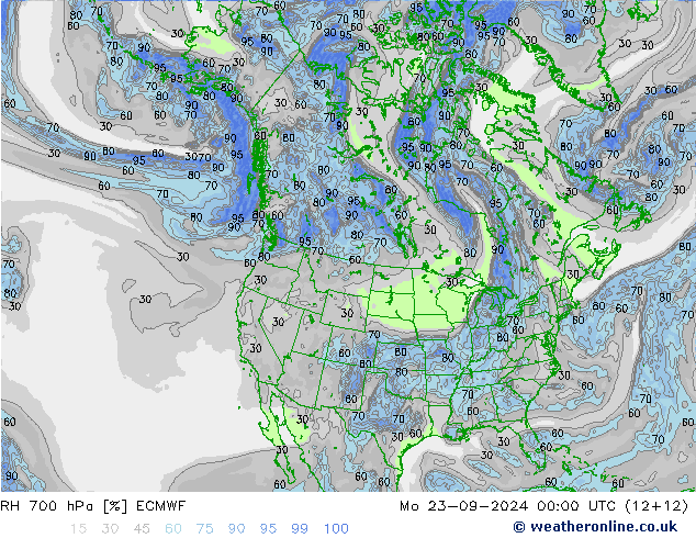 RH 700 hPa ECMWF Mo 23.09.2024 00 UTC