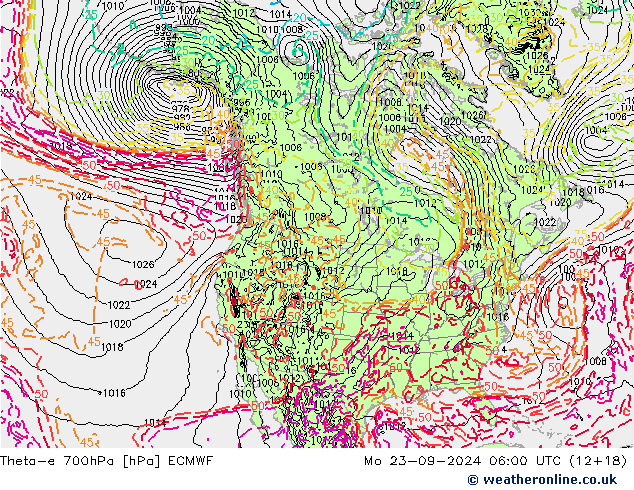 Theta-e 700hPa ECMWF lun 23.09.2024 06 UTC