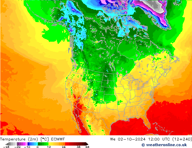 Temperatura (2m) ECMWF mer 02.10.2024 12 UTC