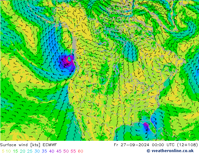 Vento 10 m ECMWF ven 27.09.2024 00 UTC