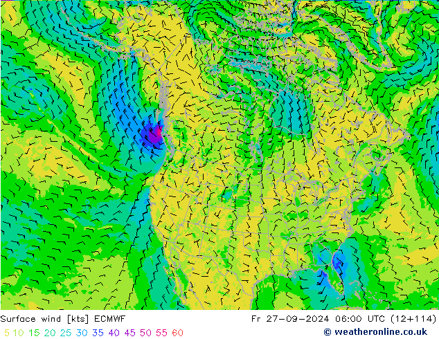 Rüzgar 10 m ECMWF Cu 27.09.2024 06 UTC