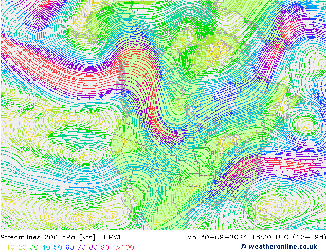 Streamlines 200 hPa ECMWF Mo 30.09.2024 18 UTC