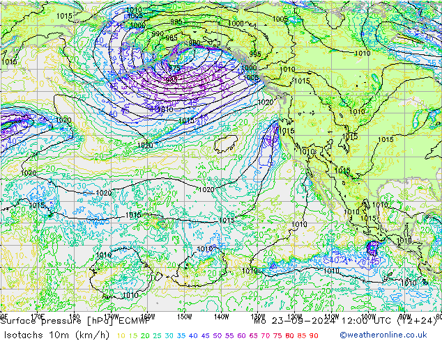 Isotachs (kph) ECMWF  23.09.2024 12 UTC