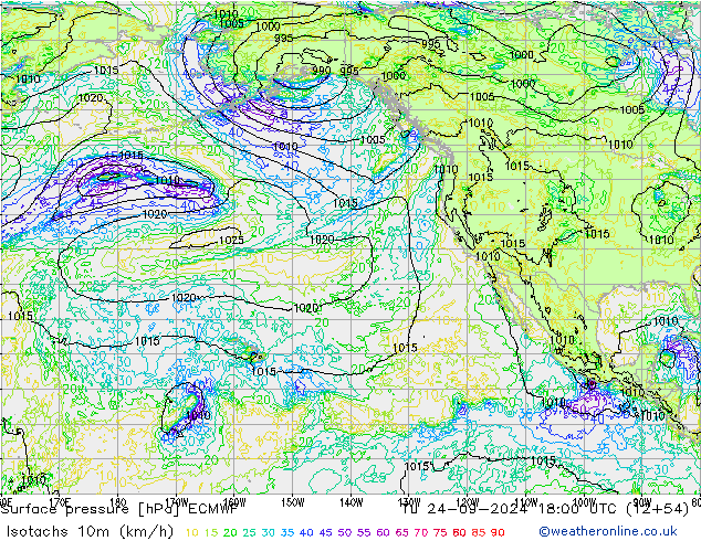 Izotacha (km/godz) ECMWF wto. 24.09.2024 18 UTC