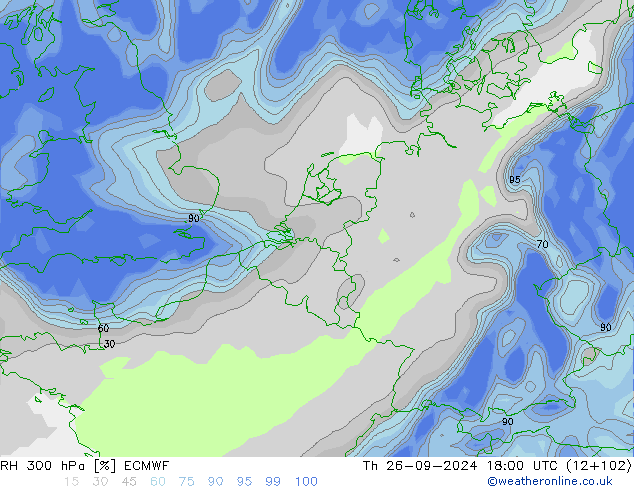 RH 300 hPa ECMWF Qui 26.09.2024 18 UTC