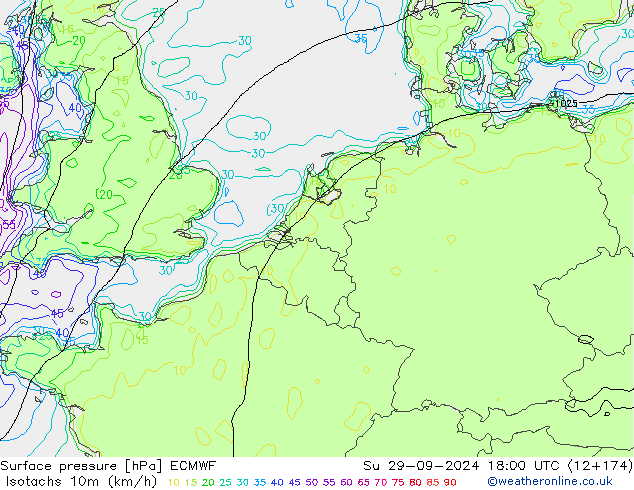 Isotachs (kph) ECMWF Su 29.09.2024 18 UTC