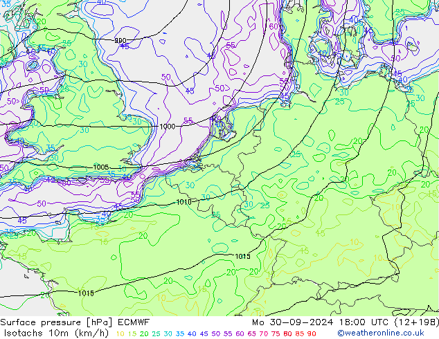 Izotacha (km/godz) ECMWF pon. 30.09.2024 18 UTC