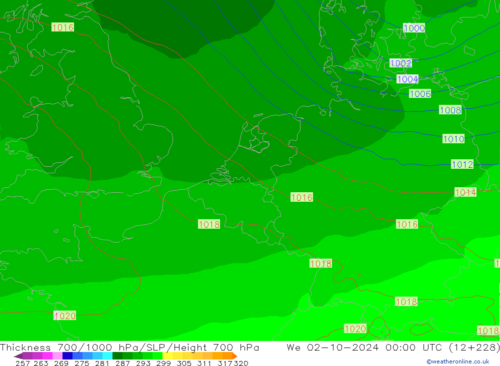 Dikte700-1000 hPa ECMWF wo 02.10.2024 00 UTC