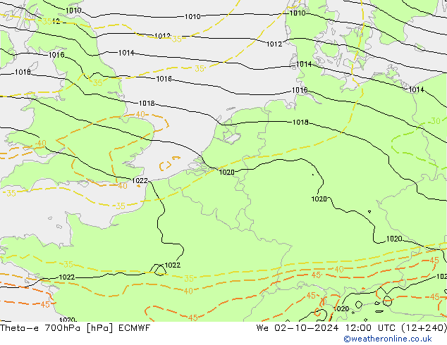 Theta-e 700hPa ECMWF mer 02.10.2024 12 UTC