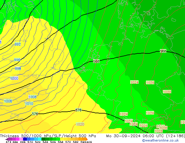 Espesor 500-1000 hPa ECMWF lun 30.09.2024 06 UTC