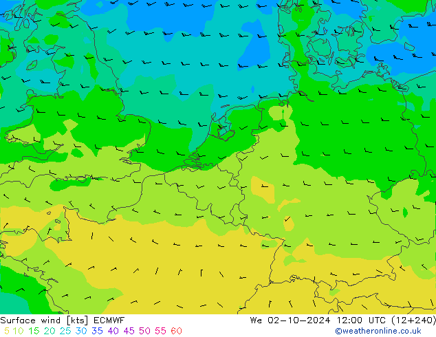 wiatr 10 m ECMWF śro. 02.10.2024 12 UTC