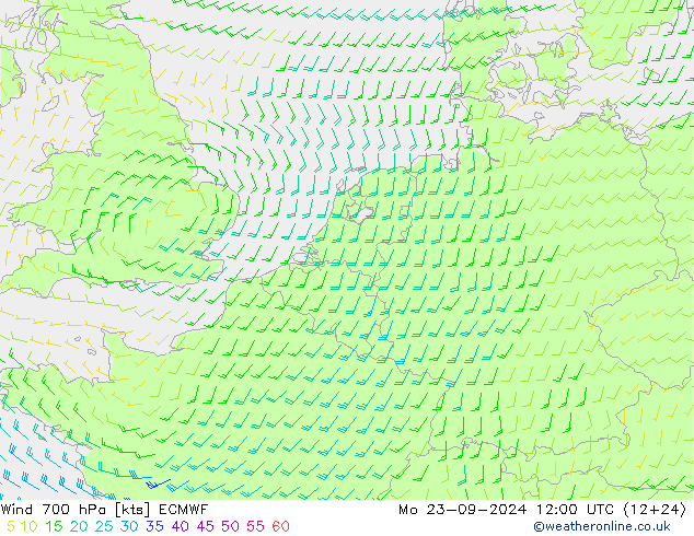 Wind 700 hPa ECMWF Mo 23.09.2024 12 UTC