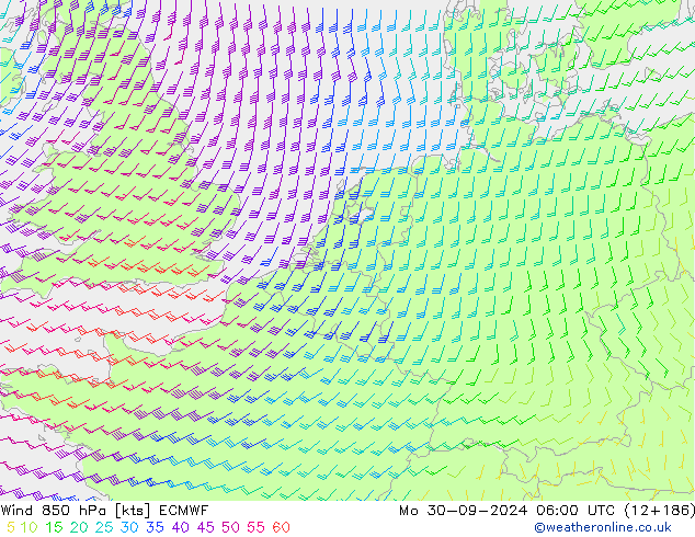 Viento 850 hPa ECMWF lun 30.09.2024 06 UTC