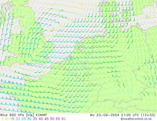 Vento 950 hPa ECMWF lun 23.09.2024 21 UTC