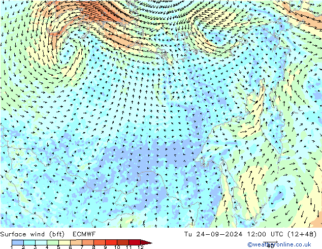  10 m (bft) ECMWF  24.09.2024 12 UTC