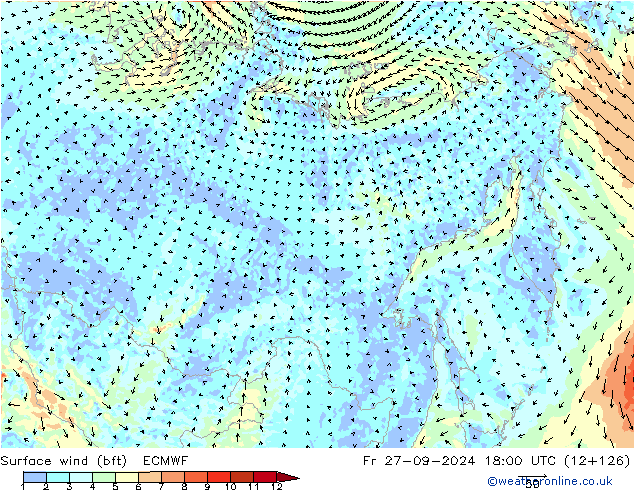 wiatr 10 m (bft) ECMWF pt. 27.09.2024 18 UTC