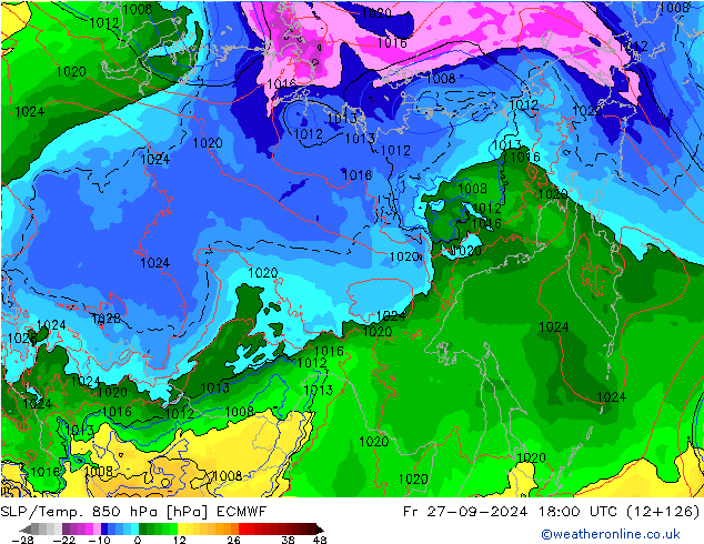 850 hPa Yer Bas./Sıc ECMWF Cu 27.09.2024 18 UTC