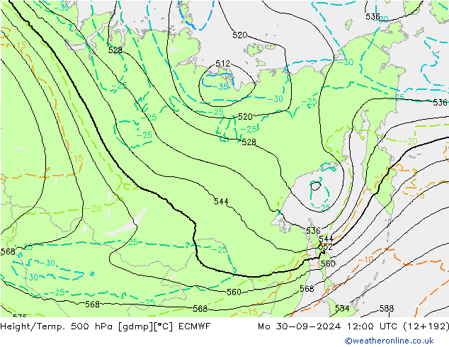 Z500/Rain (+SLP)/Z850 ECMWF Mo 30.09.2024 12 UTC