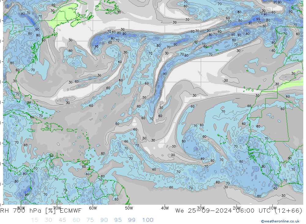 RH 700 hPa ECMWF mer 25.09.2024 06 UTC