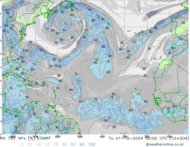 RH 700 hPa ECMWF Ter 01.10.2024 00 UTC